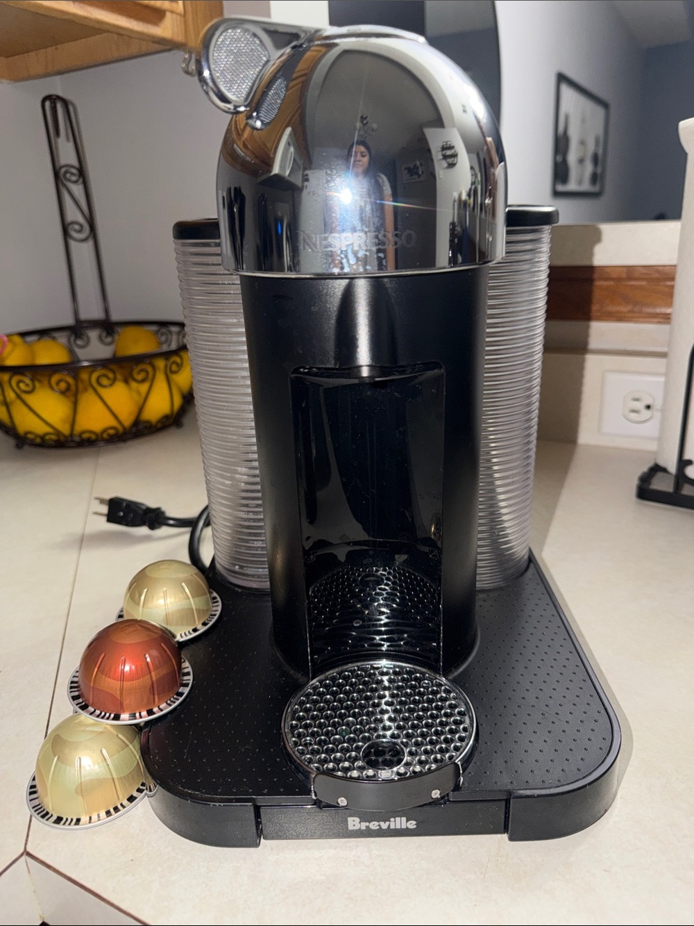 Breville Nespresso VertuoPlus Espresso Machine in Black and Silver Chrome